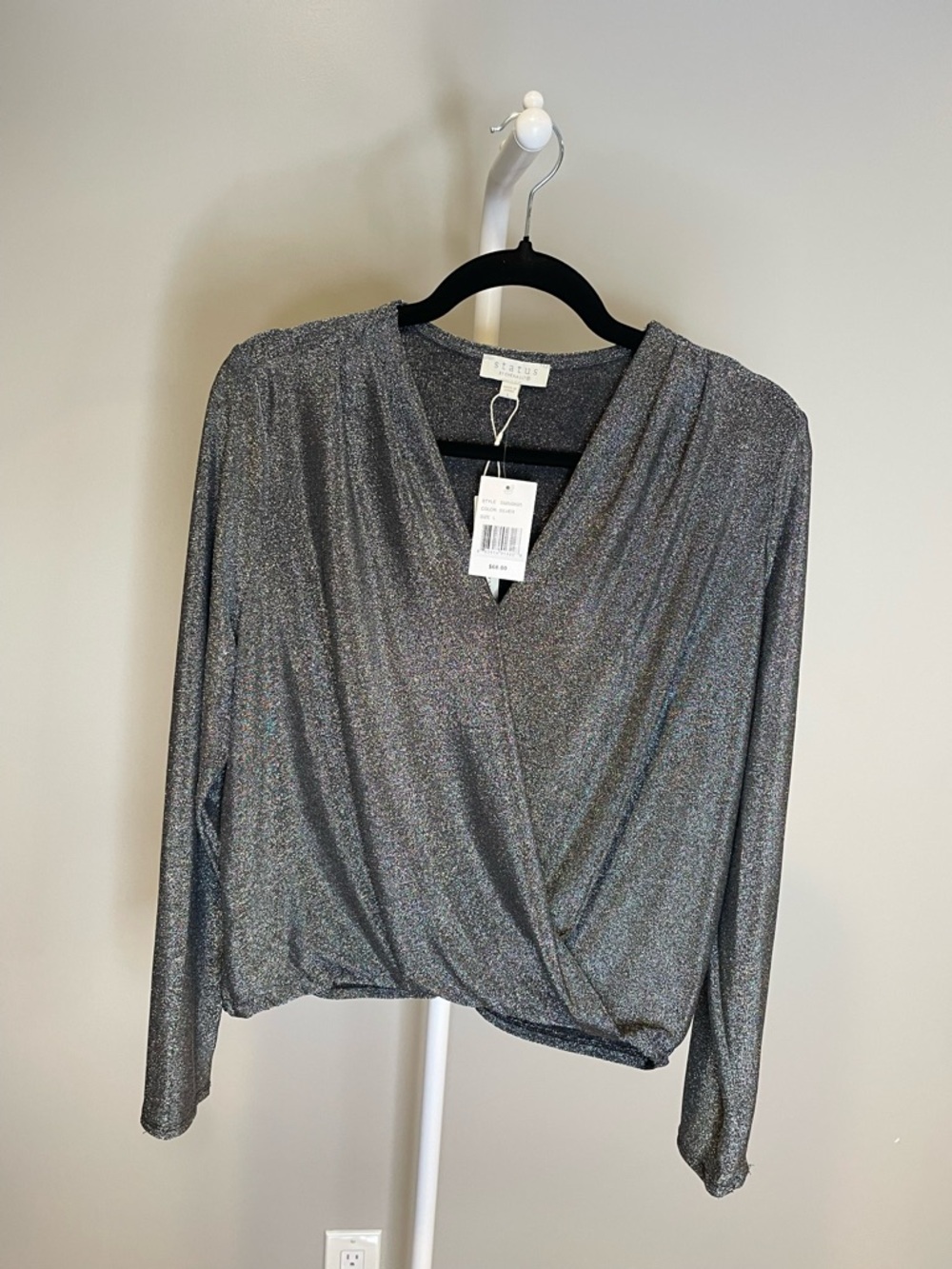 Status by Chenault Women's Metallic Silver Wrap-Style Long Sleeve Top